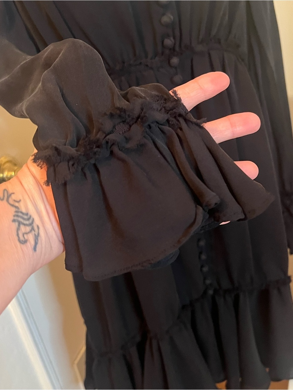 Cinq à Sept 100% Silk Black Long Sleeve Dress Covered Button Front Tiered Ruffle - Picture 4 of 7
